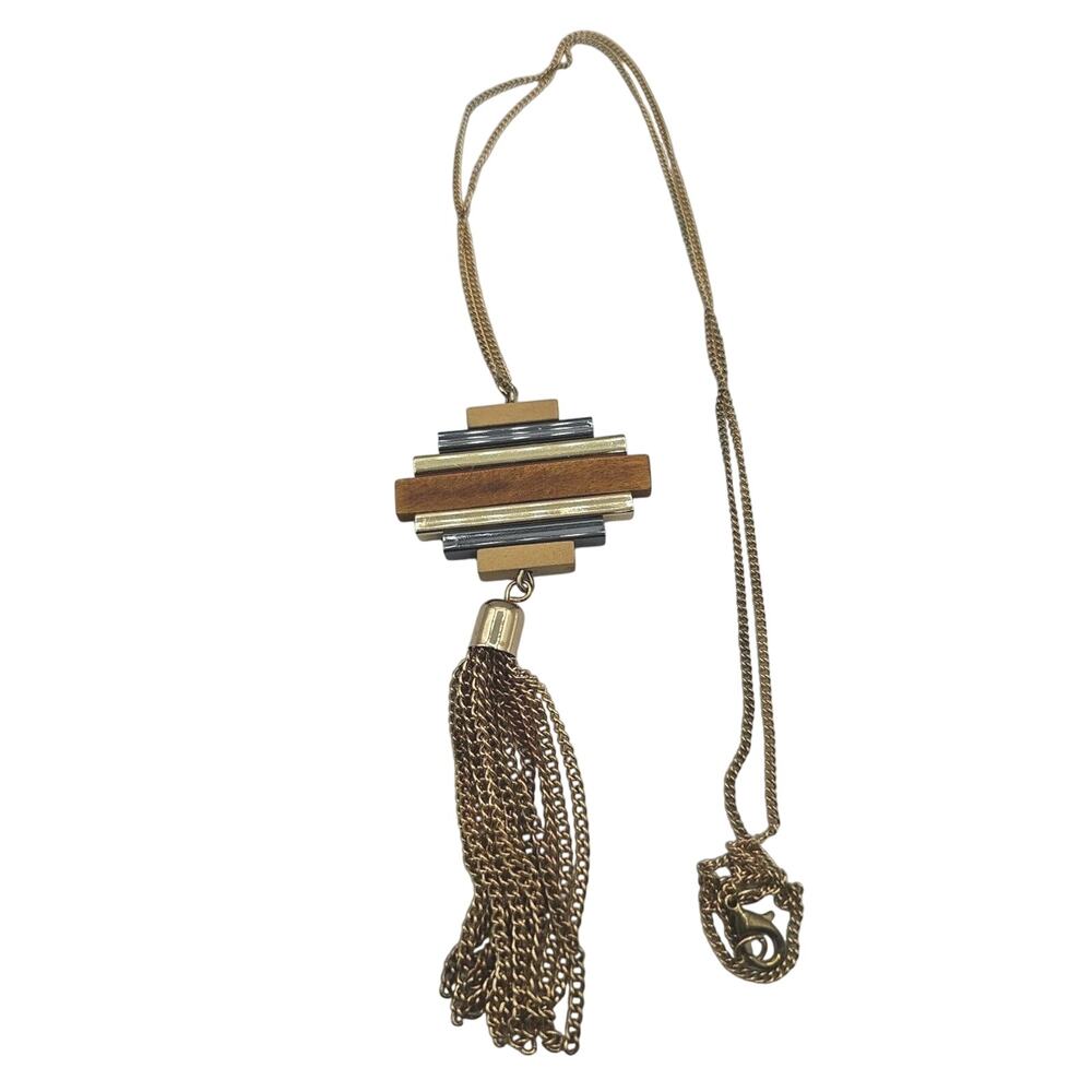 Long gold-tone tassel pendant necklace, with a geometric Tassel pendant
